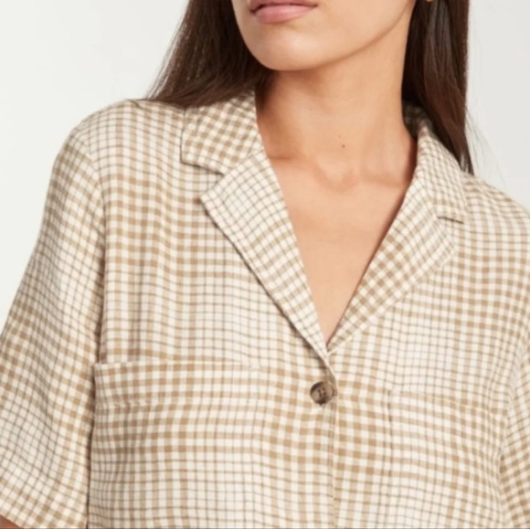 Everlane 100% Linen Dress Plaid Cream Tan Mini Short Sleeve XS Shirtdress Pocket - Picture 5 of 9
